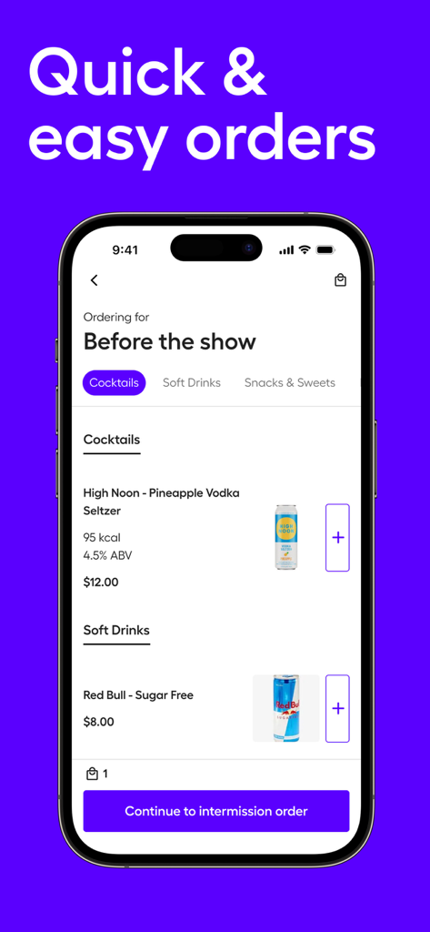 Oberfläche zur Vorbestellung von Getränken und Snacks in der ATG Tickets App
