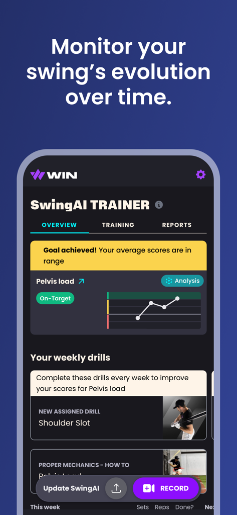 WIN Reality: SwingAI - Interface of the SwingAI app tracking baseball swing evolution with a pelvis load progress graph and personalized training drills