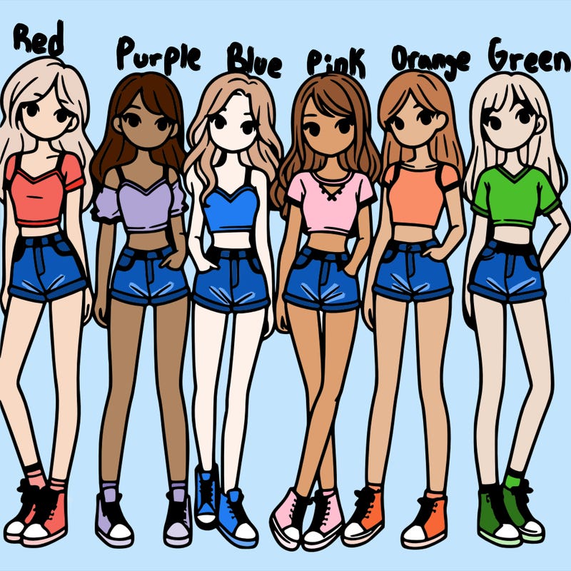 a group of girls wearing crop tops and shorts