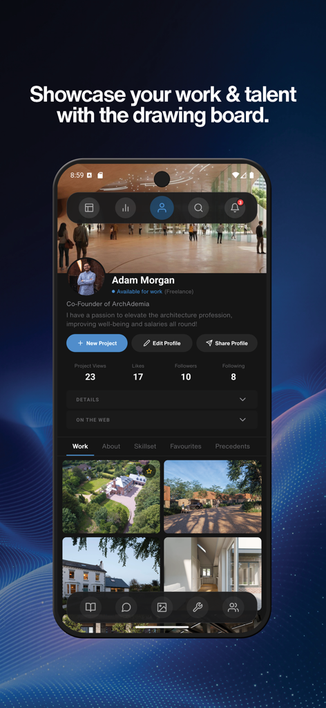 Architectural portfolio showcase on the ArchAdemia app Drawing Board