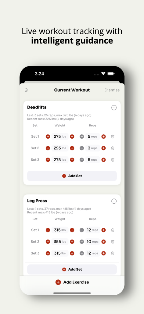 BooFit - Gym Workout Tracker - BooFit app interface showing live workout tracking with sets and weight inputs for deadlifts and leg press