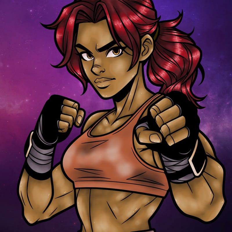 badass woman in fighting stance with fingerless gloves