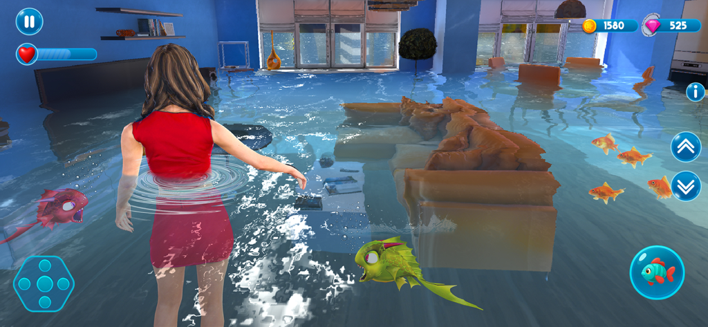 Go Fish.io - Gameplay screenshot of Go Fish io featuring piranhas swimming in a flooded living room with a character