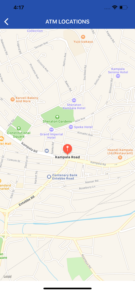 캄팔라의 ATM 위치 지도가 표시된 Housing Finance Bank Uganda 앱 화면