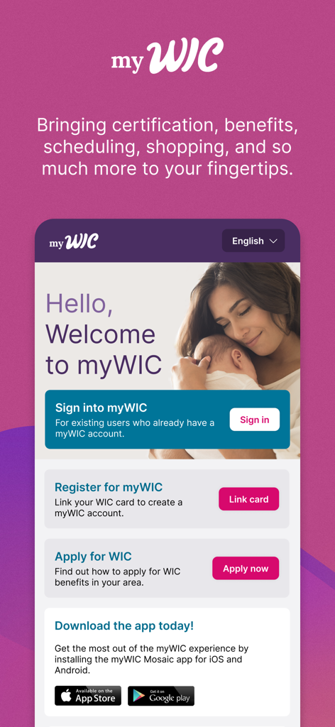 The myWIC Mosaic mobile app home screen showing options to sign in, register, or apply for WIC benefits featuring a mother and baby.