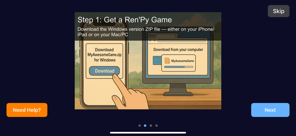 Renpy 7 Pocket - Una pantalla de incorporación titulada Paso 1 Obtener un juego de RenPy que muestra instrucciones para descargar un archivo ZIP del juego en un teléfono móvil o computadora.
