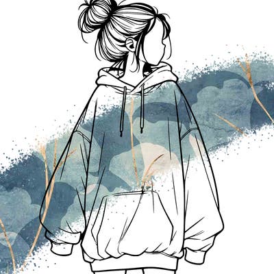 realistic girl with a oversized sweatshirt on and a bun