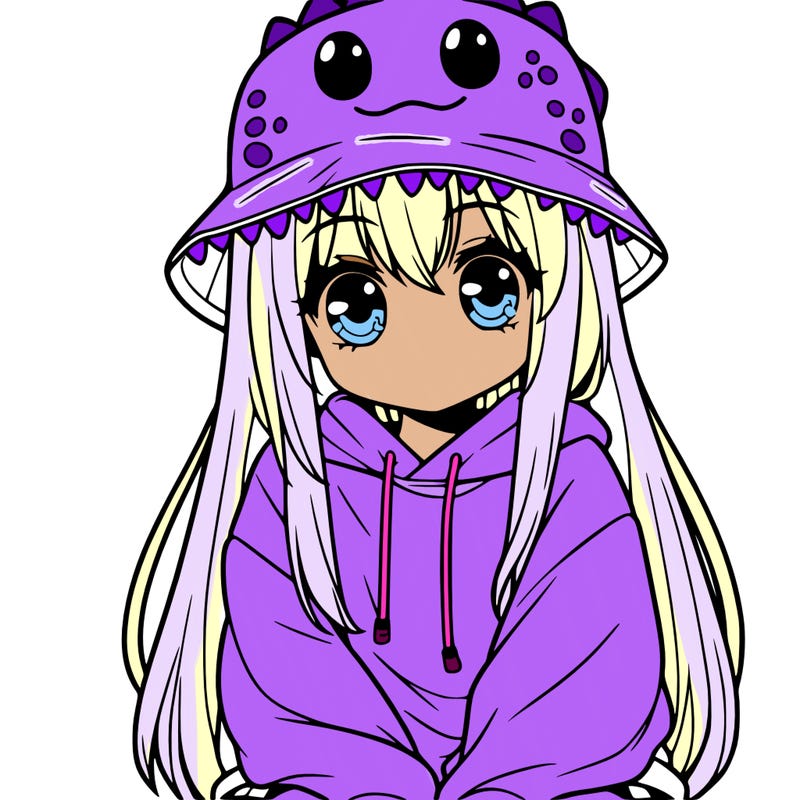 girl with anime shaped eyes with a dinosaur bucket hat oversized sweatshirt long straight hair