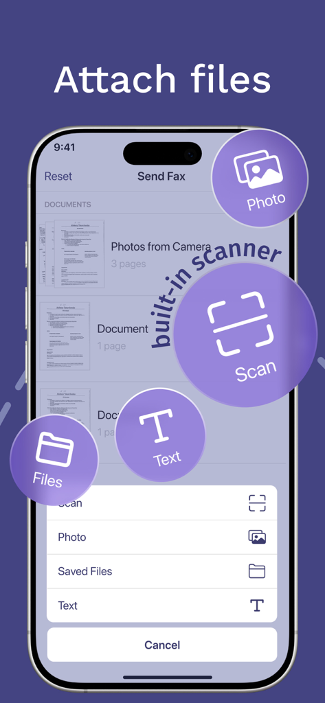 Interface of the fax app showing options to attach files or use the built-in scanner
