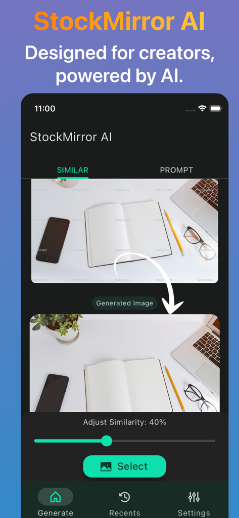 Watermark Remover: StockMirror - 콘텐츠 제작자를 위한 워터마크 제거 및 이미지 유사성 조정을 시연하는 StockMirror AI 앱 인터페이스