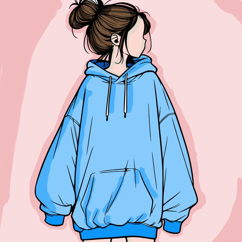 realistic girl with a oversized sweatshirt on and a bun