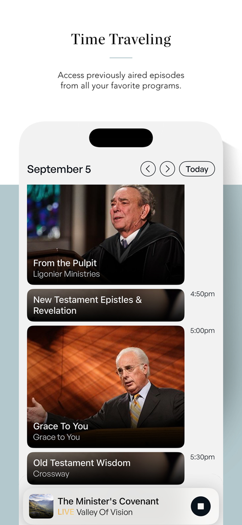 RefNet Christian Radio app screen displaying the Time Traveling feature to access and listen to previously aired radio programs.