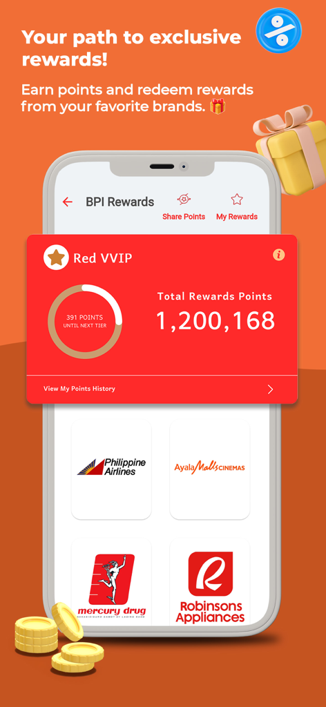 VYBE by BPI app screen showing rewards points balance and partner brands like Philippine Airlines