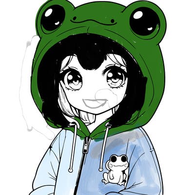 cute realistic girl in a froggy hoodie