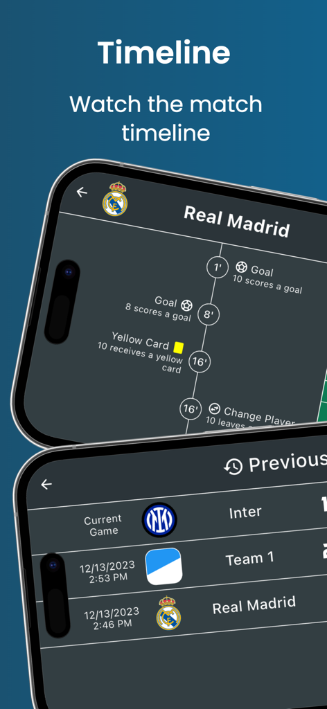 골, 옐로카드, 선수 교체 기록을 표시하는 축구 경기 타임라인 화면