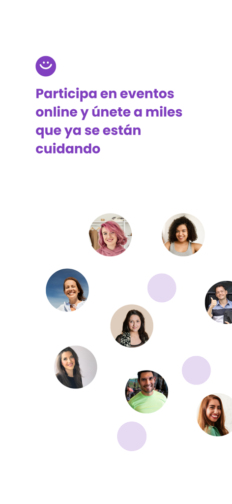 Terapi: Cuida tu salud mental - Pantalla de la app Terapi promocionando eventos de salud mental en línea con un grupo de usuarios diversos