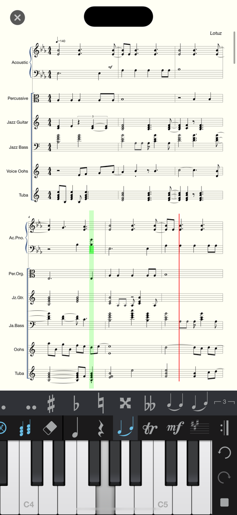 Piano+ - Sheet Music Composer - Mobile app interface for Piano Plus showing multi-part musical scores and a virtual piano keyboard for notation.