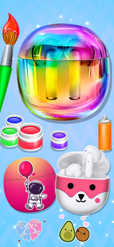 Phone Case DIY - Art Designer - Creative DIY interface for designing colorful earbud cases with stickers and paint.
