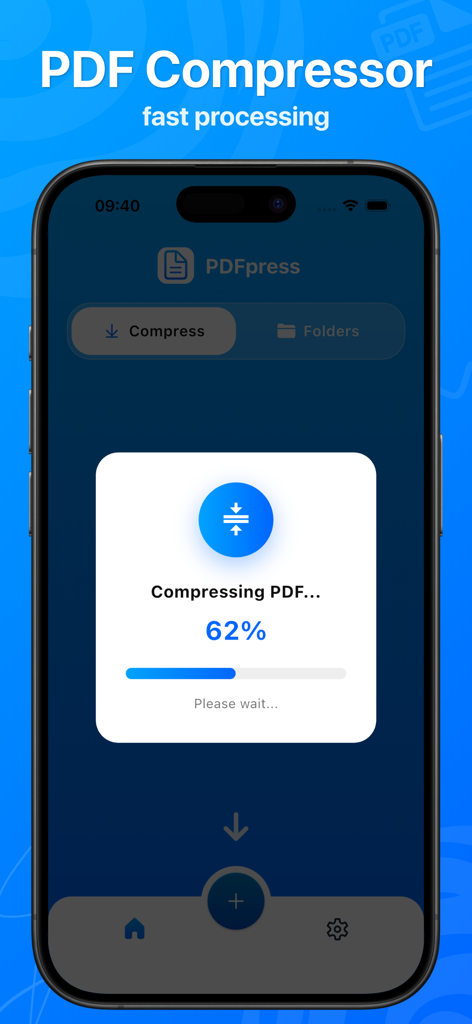 iPhone mostrando o aplicativo PDFpress comprimindo um arquivo com uma barra de progresso em sessenta e dois por cento.