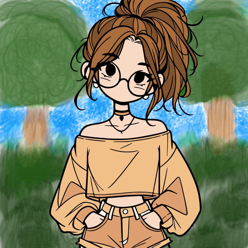 girl with a messy ponytail glasses a baggy crop top and jean shorts