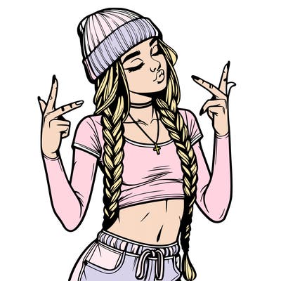 realistic teenage girl with braids and a beanie and crop top doing 🫶🏼
