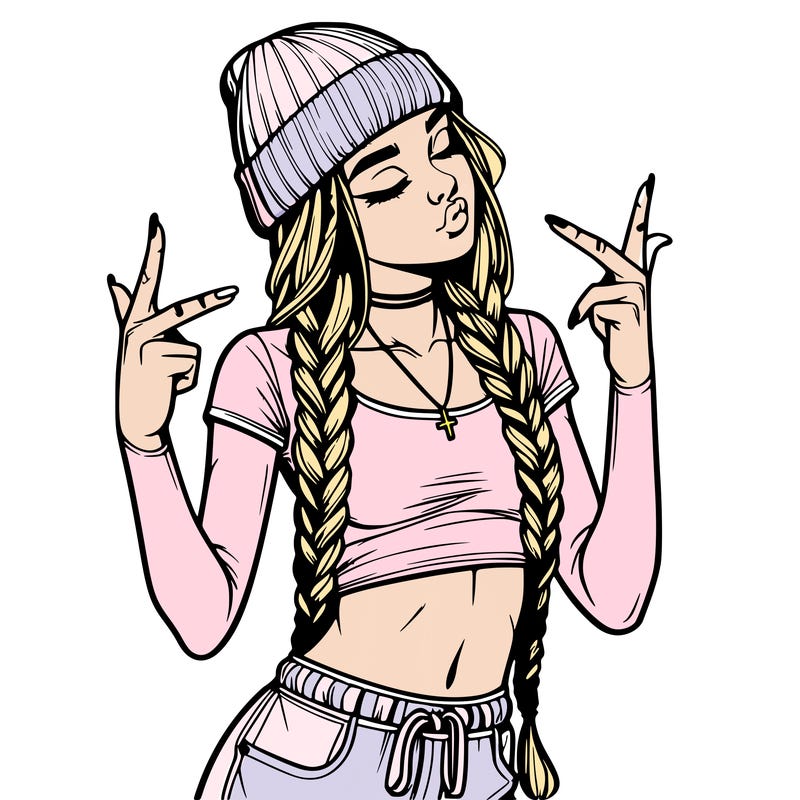 realistic teenage girl with braids and a beanie and crop top doing 🫶🏼