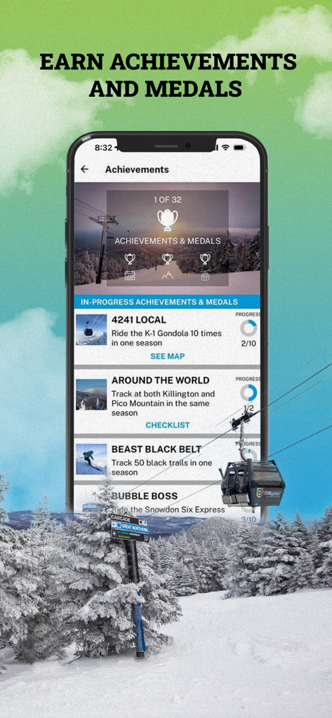 Killington Resort - Killington Resort app achievements screen showing ski performance medals and progress tracking for skiers.