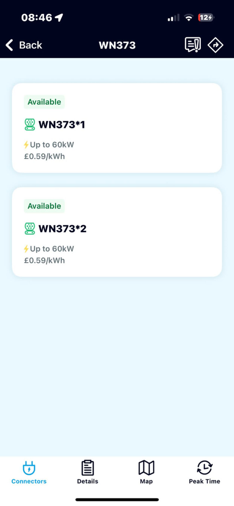 My Weev - Interfaz de la aplicación My Weev que muestra conectores de carga de vehículos eléctricos disponibles con potencia de salida y precio por kWh