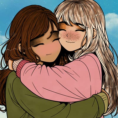 realistic two girls hugging