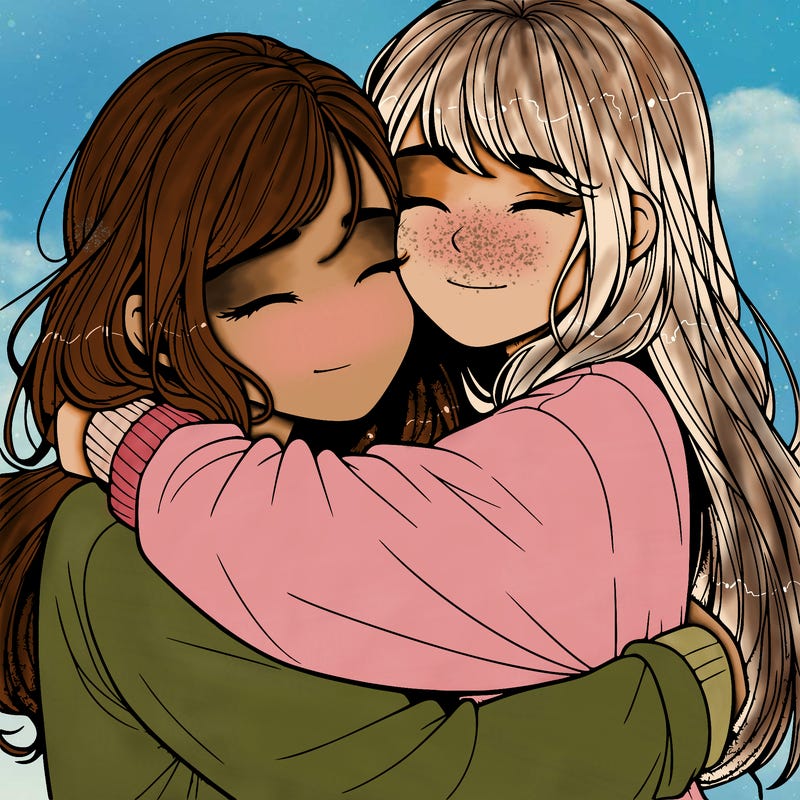 realistic two girls hugging