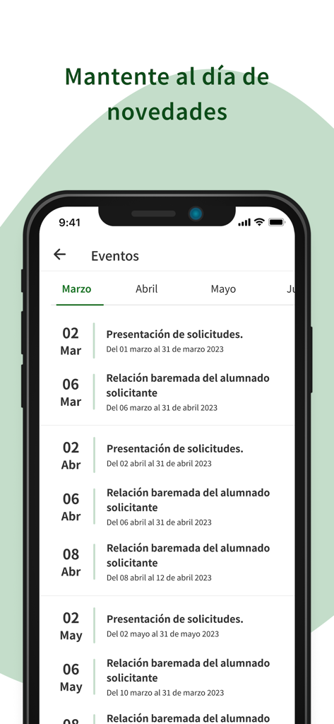 iEscolariza - Interfaz de la app móvil iEscolariza mostrando una lista de fechas y plazos importantes de matriculación escolar para estudiantes en Andalucía