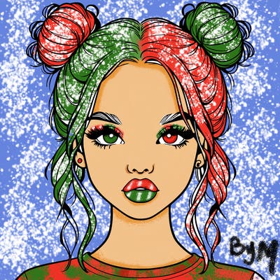 realistic girl with two buns in hair and lips
