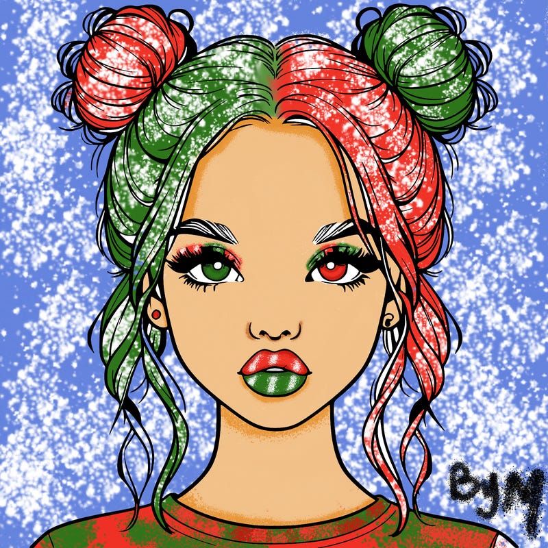 realistic girl with two buns in hair and lips