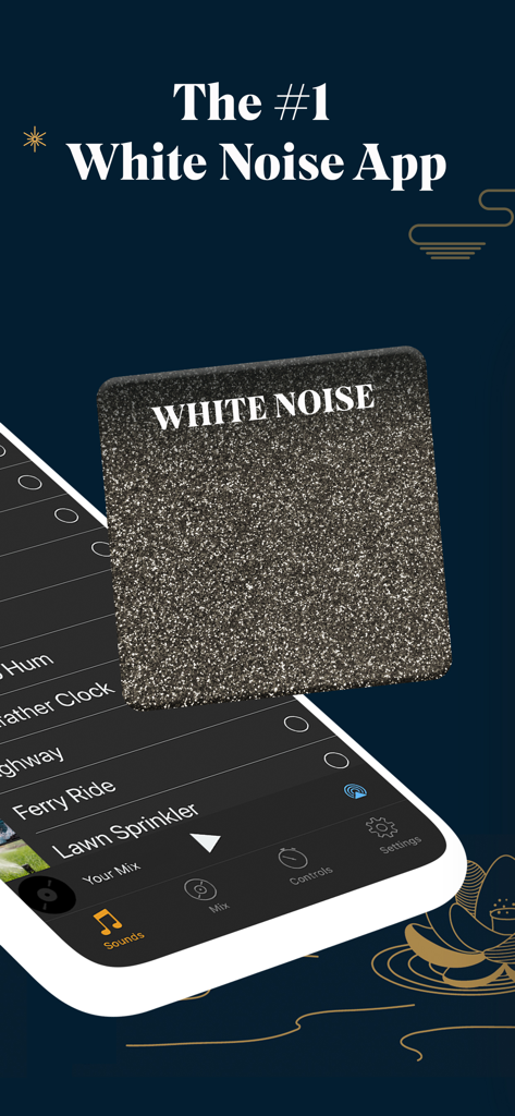 Promotional screenshot for the White Noise Deep Sleep Sounds mobile app featuring the headline The #1 White Noise App and a sound selection list