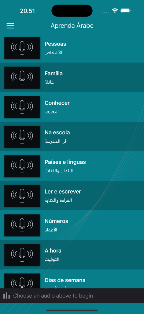 Aprenda árabe facilmente - Mobile app screen displaying a list of Arabic language lesson categories including family, school, and numbers with audio icons