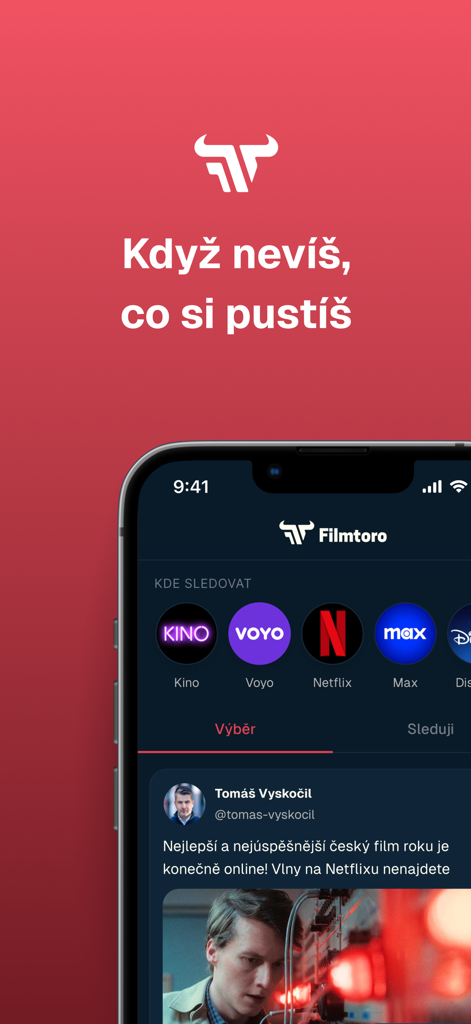 Filmtoro app interface displaying streaming service icons like Netflix and Max along with movie recommendations.