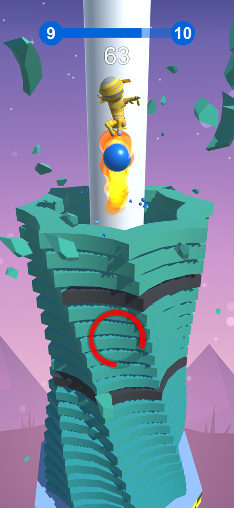 Stack Jump Ball - A blue ball in fireball mode smashing through teal helix platforms in Stack Jump Ball