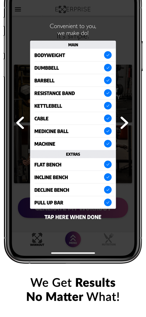 Exerprise Workout Meal Planner - A list of selectable workout equipment options in the Exerprise mobile app interface.