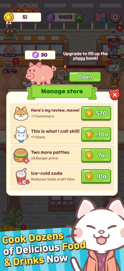Meow Meow Cafe: Idle food Bar - Store management menu in Meow Meow Cafe showing upgrades for chefs and food
