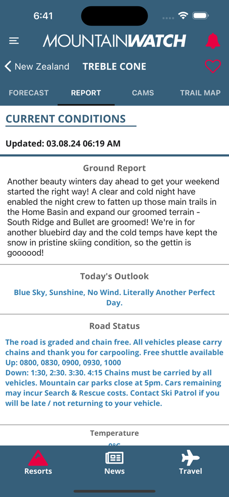 Mountainwatch - Mountainwatch app displaying current snow conditions and road status for Treble Cone resort in New Zealand