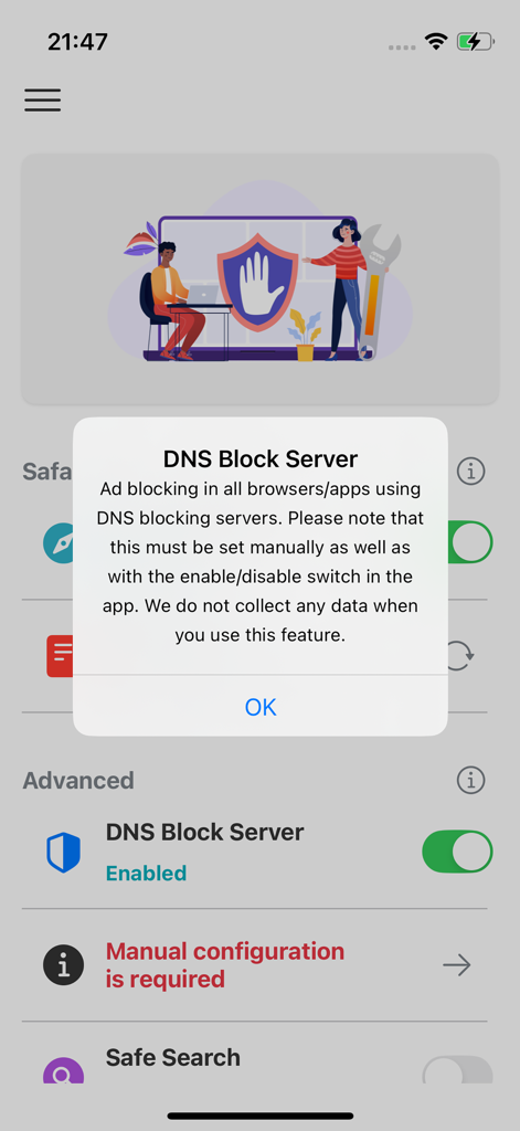 Ad Blocker Pro - Secure & Safe - Ad Blocker Pro app screen showing DNS Block Server settings and manual configuration popup.