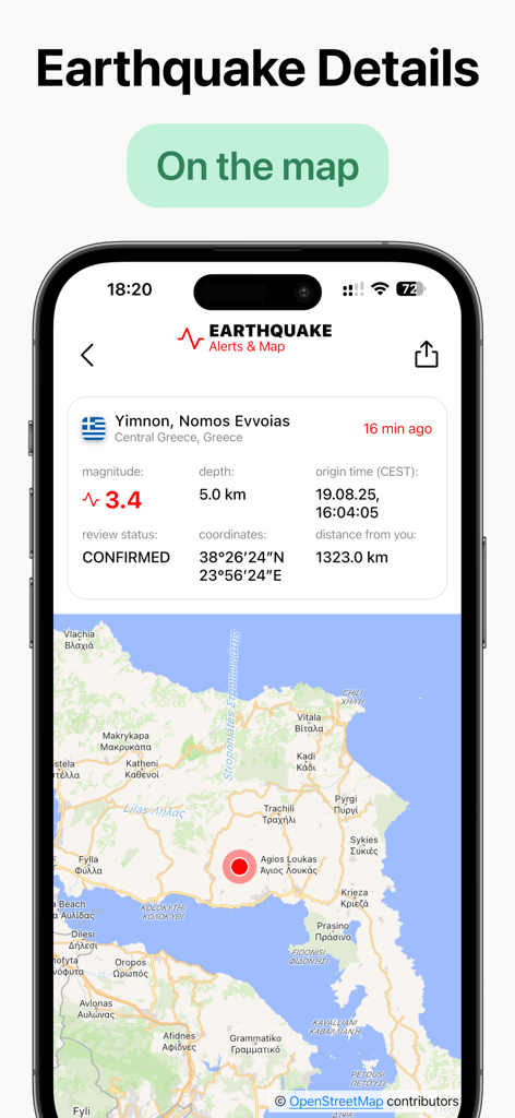 Earthquake Alerts Map: SeisMap - SeisMap app interface showing detailed earthquake data including magnitude depth and location on a map