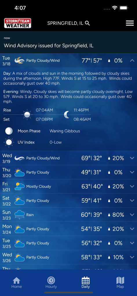 WICS Storm Team Weather - WICS Storm Team Weather app displaying a 10-day daily forecast for Springfield Illinois with a wind advisory alert
