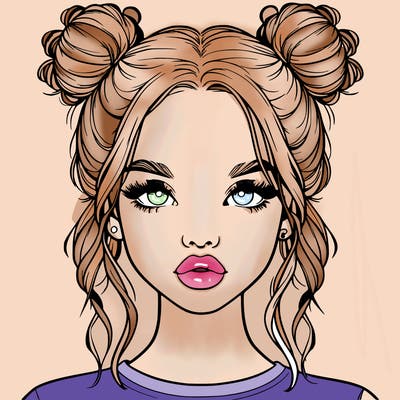 realistic girl with two buns in hair and lips