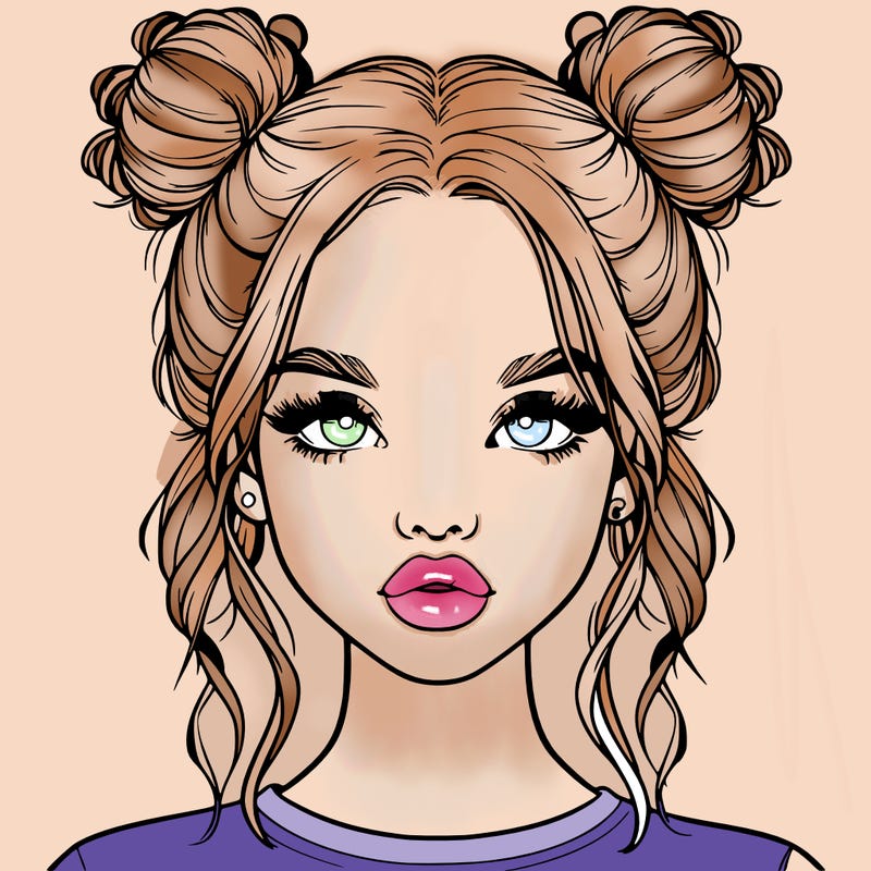 realistic girl with two buns in hair and lips