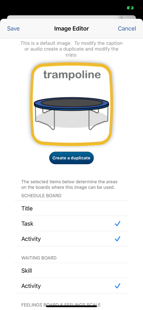 Choiceworks - Image editor in the Choiceworks app featuring a trampoline icon and customization settings for visual schedule boards.