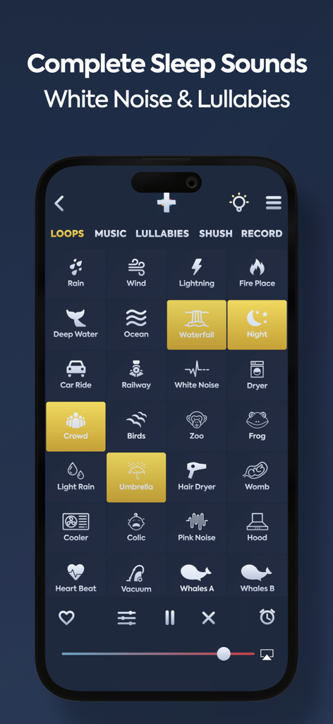 Interfaccia dell'app Guva che mostra una griglia di icone per il rumore bianco e suoni rilassanti per il sonno come pioggia e cascata