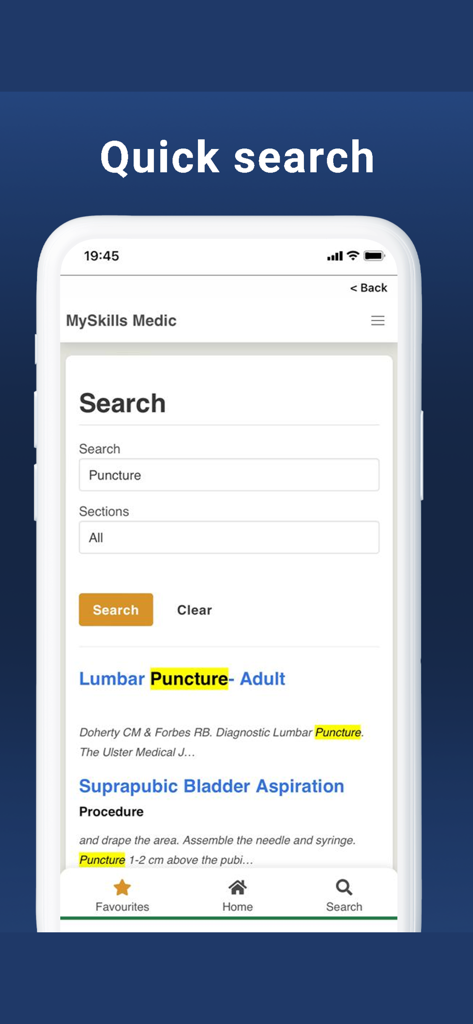 Pantalla de búsqueda de MySkills Medic App que muestra resultados de procedimientos médicos como la punción lumbar.