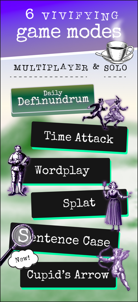 Uma lista de seis modos de jogo para Qwert, incluindo Daily Definundrum e Time Attack, com uma estética vintage de vaudeville.