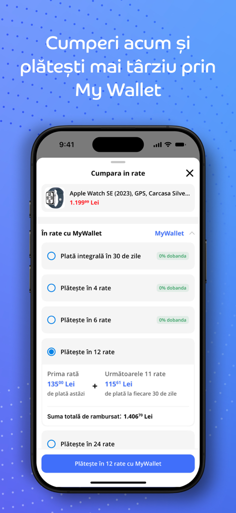 eMAG.ro - eMAG app interface showing buy now pay later installment options through My Wallet